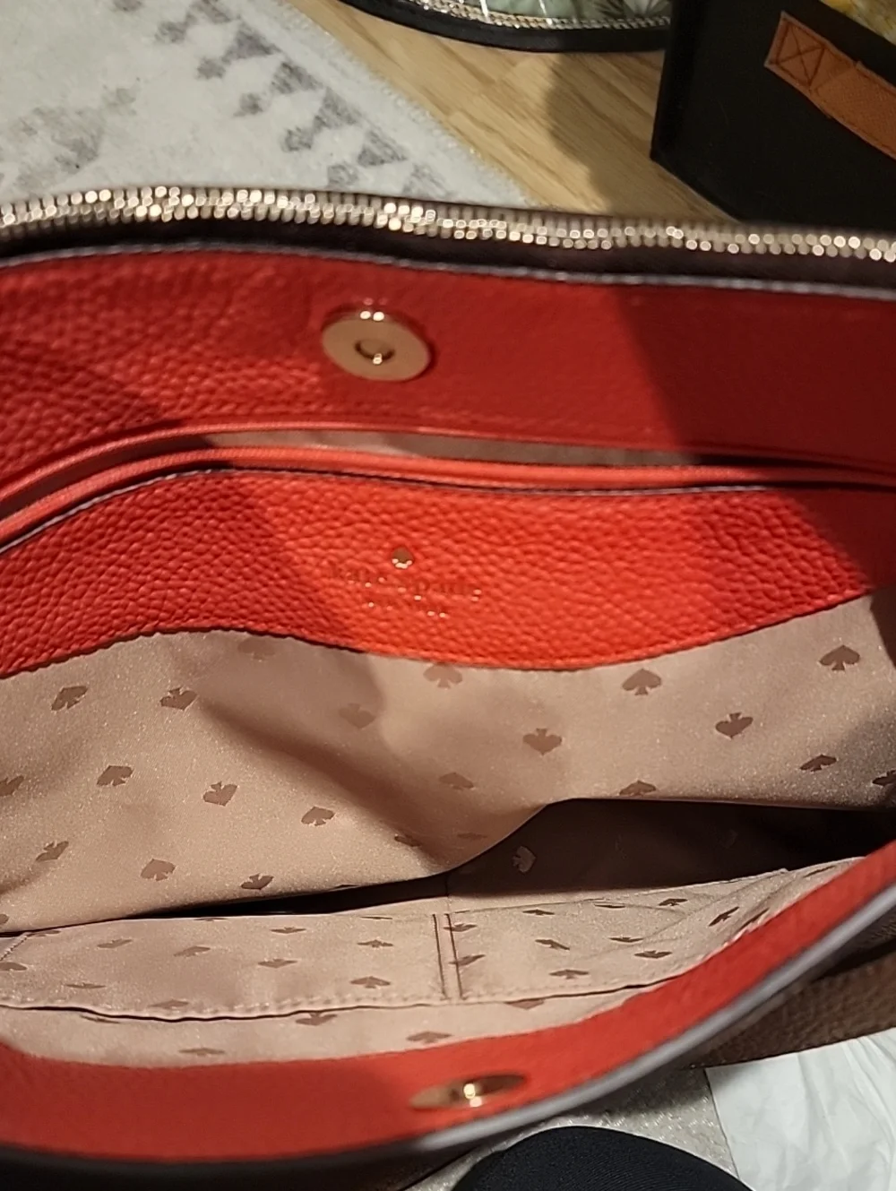 kate spade Brown Pebbled Leather Hobo Shoulder Bag with Coral Trim